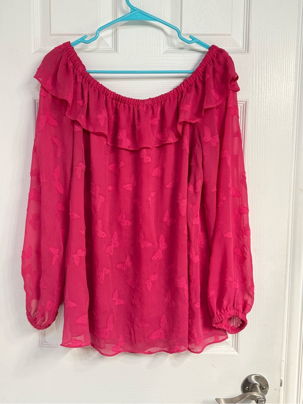 Michael Kors Hot Pink Off-Shoulder Butterfly Chiffon Blouse Size XL